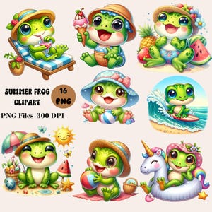 16 Summer Frog Clipart, Baby Frog PNG, Sea Frog Clipart Bundle, Ocean Animals Clipart, Frog PNG