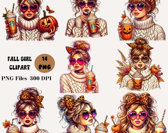 May include: Digital clipart set featuring illustrations of women with fall-themed accessories. Each woman wears heart-shaped sunglasses, a sweater, and a bow. Some hold pumpkin spice lattes or carved pumpkins. Text reads "FALL GIRL CLIPART" and "PNG Files 300 DPI".