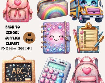 18 Powrót do szkolnych artykułów Clipart, Szkolne artykuły papiernicze PNG, Powrót do szkoły PNG Bundle, Urocze szkolne Clipart