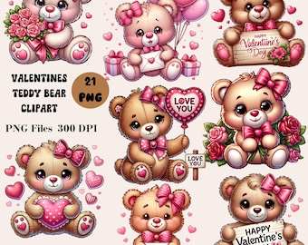 21 Valentine&#39;s Teddy Bear Clipart, Pink Valentines Tedy Bear PNG, Love Bear Clipart, Valentine&#39;s Day Clipart