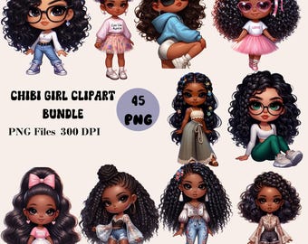 45 Chibi Girl Clipart Bundle, Afro Girl Clipart, Black Girl Clipart, Chibi Girl PNG, Chibi Doll PNG