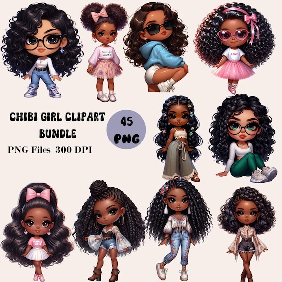 45 Chibi Girl Clipart Bundle, Afro Girl Clipart, Black Girl Clipart, Chibi Girl PNG, Chibi Doll PNG