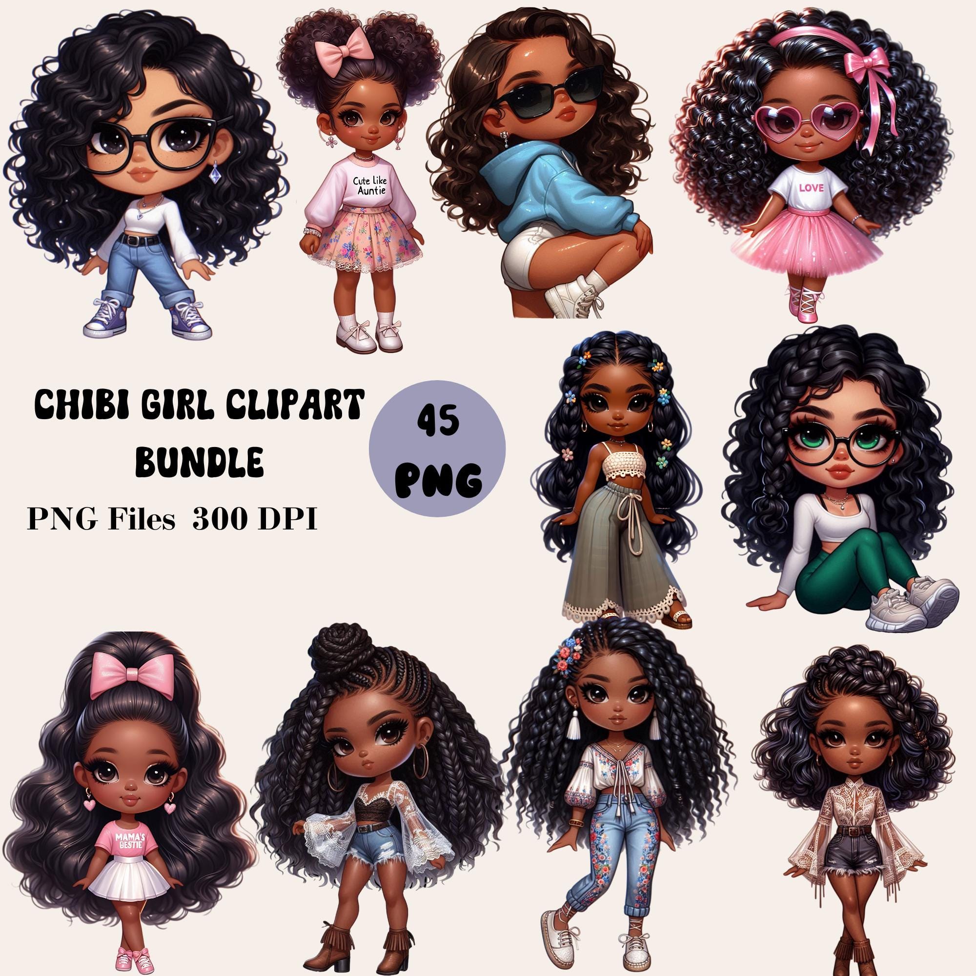Pack de 45 Clipart Chibi Girl | Afro y Black Girl PNG | Muñecas chibi adorables, gráficos transparentes 300 DPI