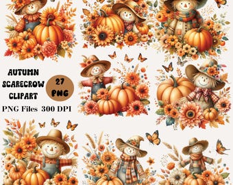 27 Autumn Scarecrow Clipart, Fall Scarecrow PNG Bundle, Charming Scarecrow Graphics, Autumn Clipart