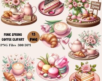 Può includere: Un'illustrazione digitale con vari elementi di clipart di caffè a tema primaverile rosa. L'immagine include tazze di caffè, croissant, teiere, torte, macarons e composizioni floreali. Il testo sull'immagine recita "PINK SPRING COFFEE CLIPART PNG Files 300 DPI".