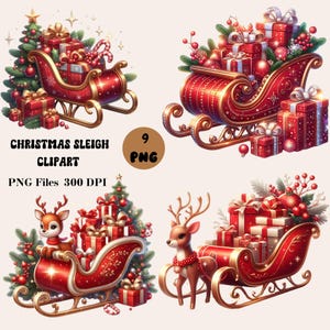 9 Christmas Sleigh Clipart, Sleigh Clipart Bundle, Red Santa Sleigh PNG, Winter Clipart Bundle