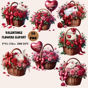 20 valentijnsbloemen clipart, bloemenmand clipart, Valentijnsdag geschenkmand png, rozen mand clipart