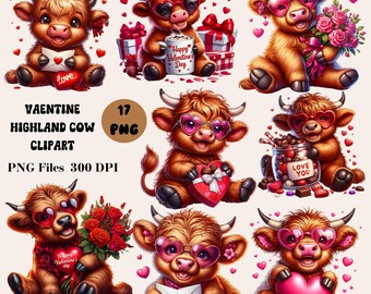 17 Valentine Highland Cow Clipart, Valentine's Day PNG, Valentine’s Day Baby Cow Clipart, Valentine Designs, Valentine Sublimation