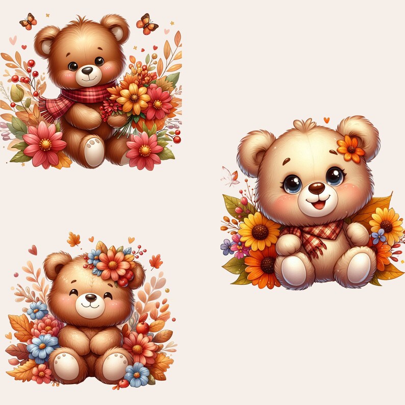 Teddy Bear Clipart Bundle, Teddy Bear with Flowers PNG, Floral Teddy Bear Clipart, Teddy Bear Baby Shower Clipart