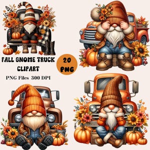 20 Fall Gnome Truck Clipart, Fall Gnome PNG, Autumn Gnome Sublimation, Autumn Clipart Bundle, Autumn Gnome PNG
