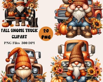 20 Fall Gnome Truck Clipart, Fall Gnome PNG, Autumn Gnome Sublimation, Autumn Clipart Bundle, Autumn Gnome PNG