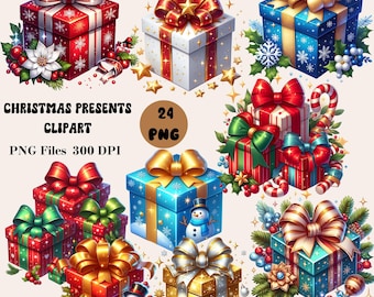 24 Christmas Presents Clipart, Christmas Presents PNG Bundle, Christmas Gifts Clipart, Festive Gift Illustrations