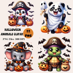 May include: A set of 22 Halloween animal clipart images. The images feature a penguin dressed as a pirate, a panda dressed as a ghost, an elephant dressed as a witch, and a turtle dressed as a pirate. Each animal is holding a pumpkin and candy.