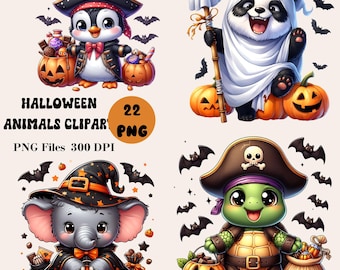 22 imágenes prediseñadas de animales de Halloween, lindos animales de Halloween PNG, paquete de imágenes prediseñadas de Halloween, lindo animalito PNG