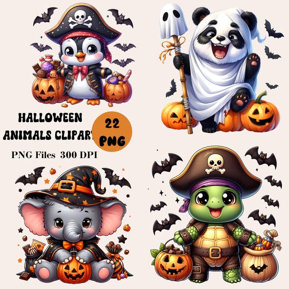 22 Halloween Animals Clipart, Cute Halloween Animals PNG, Halloween Clipart Bundle, Cute Baby Animal PNG