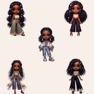 Chibi Girl Clipart Bundle, Afro Girl Clipart, Black Girl Clipart, Chibi Girl PNG, Chibi Doll PNG