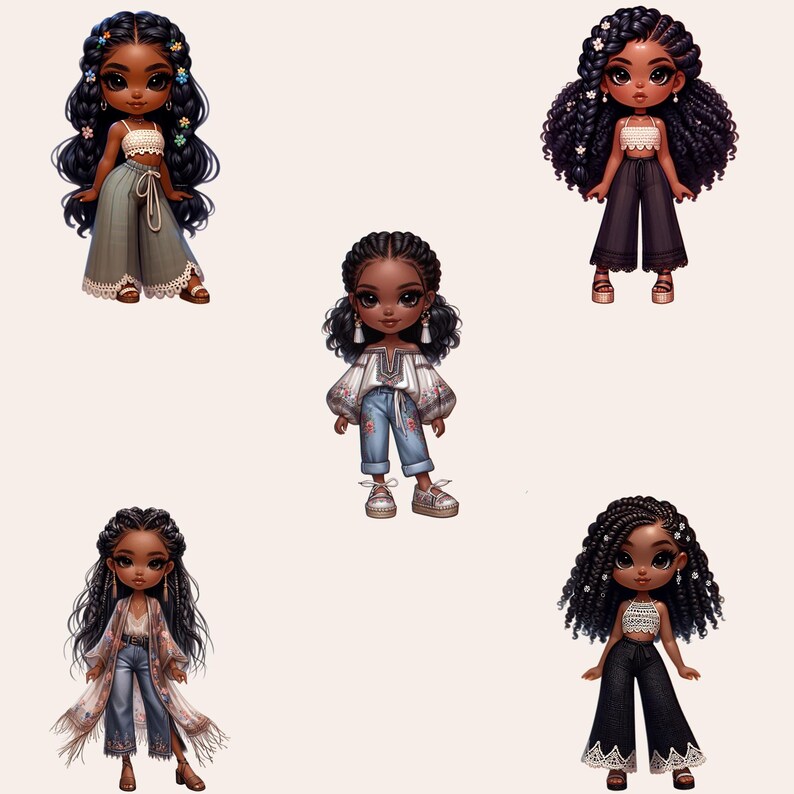 Chibi Girl Clipart Bundle, Afro Girl Clipart, Black Girl Clipart, Chibi Girl PNG, Chibi Doll PNG