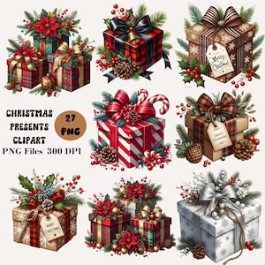 May include: A selection of Christmas present clipart images. The gifts are adorned with bows, ribbons, pinecones, holly, and poinsettias. Some gifts have tags that say "Merry Christmas". The image also includes the text "Christmas Presents Clipart PNG Files 300 DPI".