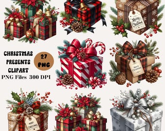27 Christmas Presents Clipart, Christmas Presents PNG Bundle, Christmas Gifts Clipart, Festive Gift Illustrations