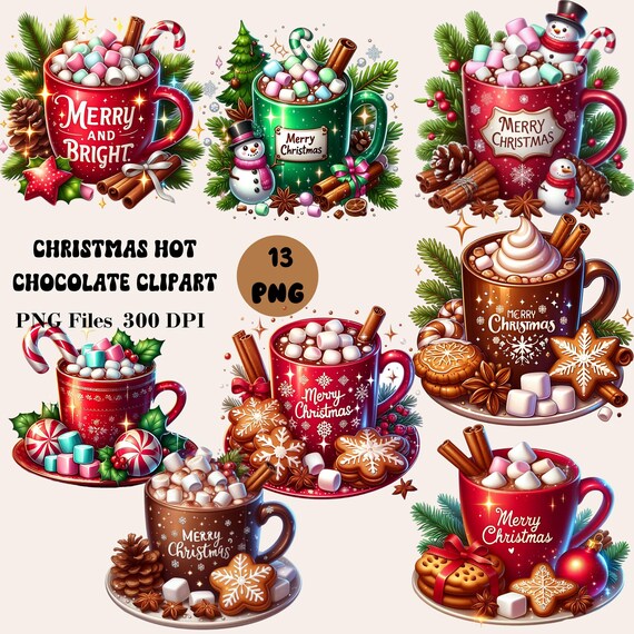 13 Christmas Hot Chocolate Clipart, Hot Cocoa Clipart, Christmas Hot Chocolate PNG, Winter Clipart Bundle