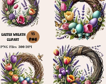 15 素朴なイースターリースのクリップアート、春のリースのクリップアート、イースターのクリップアートバンドル、春の花のクリップアート、イースターのイラスト
