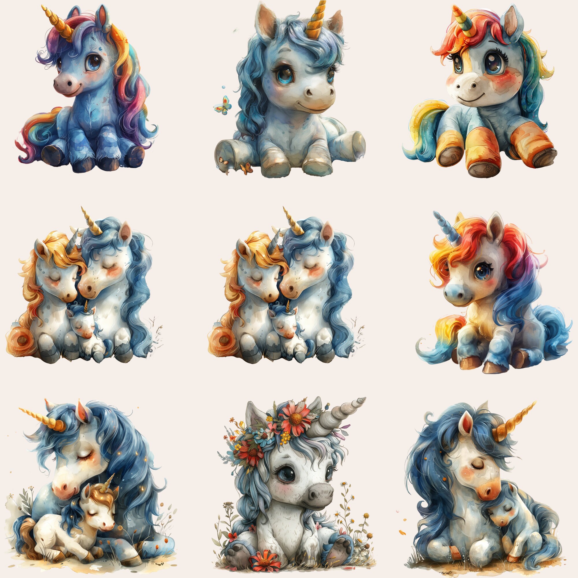 50 Cute Unicorn Clipart, Watercolor Unicorn PNG, Unicorn Clipart Bundle ...