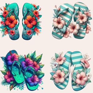 May include: Four pairs of flip-flops with floral embellishments. The flip-flops are in two different styles: one with a teal blue base and the other with white and teal blue stripes. The flowers are in shades of pink, red, and white.