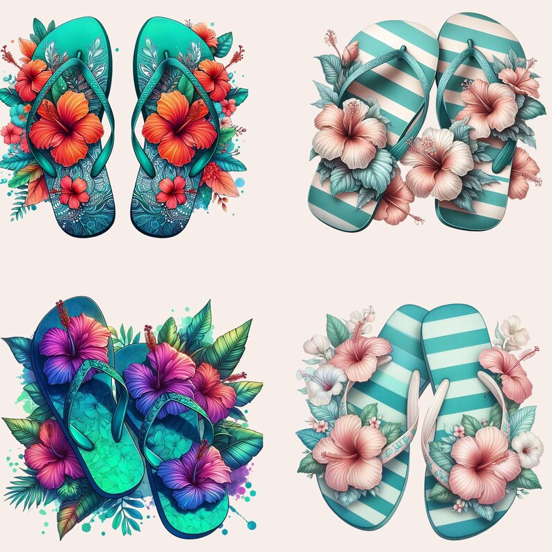 May include: Four pairs of flip-flops with floral embellishments. The flip-flops are in two different styles: one with a teal blue base and the other with white and teal blue stripes. The flowers are in shades of pink, red, and white.
