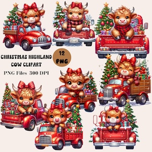 12 kerst hooglandkoeien vrachtwagen clipart, grappige hooglandkoe png, feestelijke hooglandkoe clipart