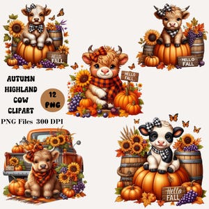 Può includere: Una collezione di immagini clipart di mucche Highland a tema autunnale. Ogni immagine presenta una mucca con zucche, girasoli e foglie autunnali. Alcune mucche hanno fiocchi e sciarpe. Il testo "Hello Fall" è presente in alcune immagini.