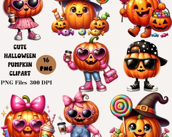 16 Cute Halloween Pumpkin Clipart, Funny Halloween Pumpkin PNG Bundle, Spooky Pumpkin Clipart, Halloween Clipart Bundle