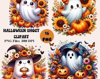 16 imágenes prediseñadas de fantasmas de Halloween, imágenes prediseñadas de fantasmas lindos, paquete de imágenes prediseñadas de Halloween, imágenes prediseñadas de la temporada de calabazas