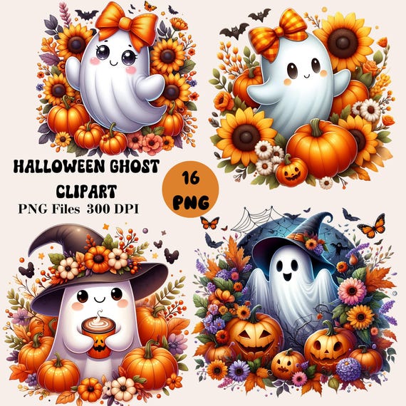 16 Halloween Ghost Clipart, Cute Ghost Clipart, Halloween Clipart Bundle, Pumpkin Season Clipart