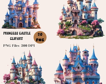 Pacote com 20 cliparts de castelos de princesas, castelo de princesas de contos de fadas PNG, pacote de clipart mágico, castelo do reino PNG, castelo de desenho animado PNG