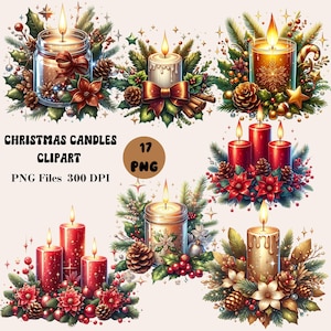 17 Clipart di candele natalizie, design di candele festive, sublimazione di candele natalizie, fornitura per biglietti di Natale
