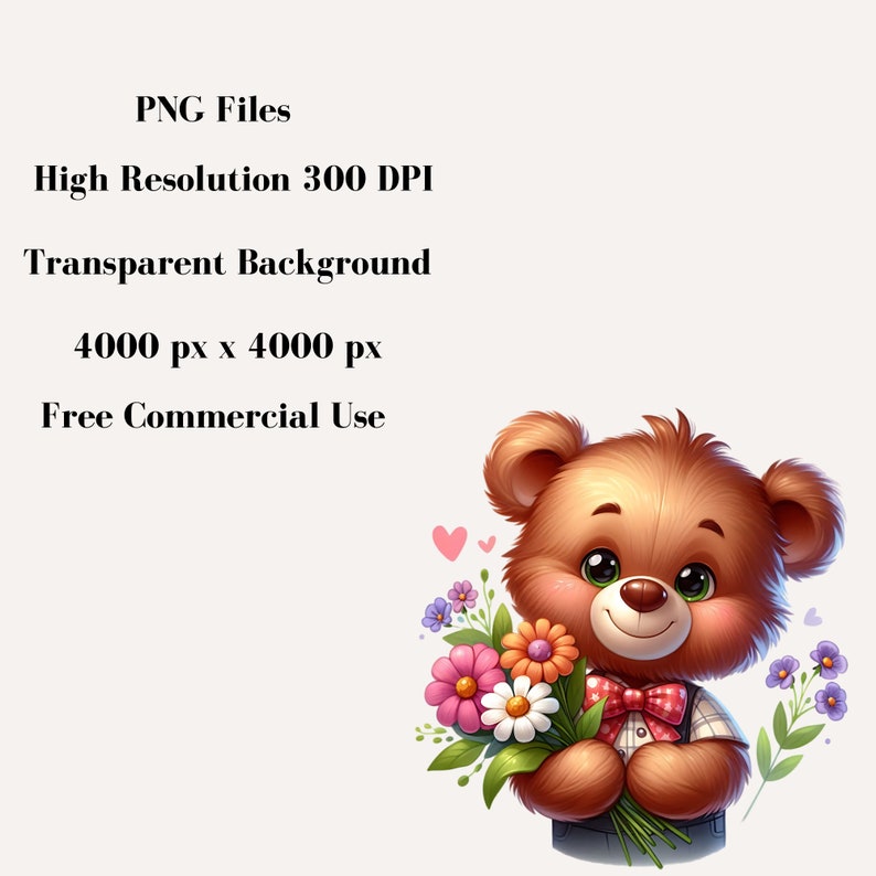 Teddy Bear Clipart Bundle, Teddy Bear with Flowers PNG, Floral Teddy Bear Clipart, Teddy Bear Baby Shower Clipart