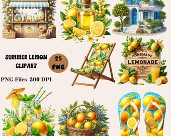25 Summer Lemon Clipart, Lemon Clipart Bundle, Lemon Addicted Clipart, Summer Sublimation, Summer Clipart Bundle