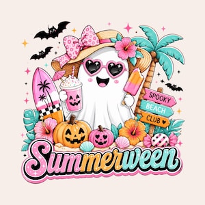 May include: A white ghost wearing a straw hat with a pink leopard print bow and heart-shaped sunglasses, holding a pink drink and a popsicle. The scene includes a surfboard, palm tree, pumpkins, hibiscus flowers, and a sign reading Spooky Beach Club.