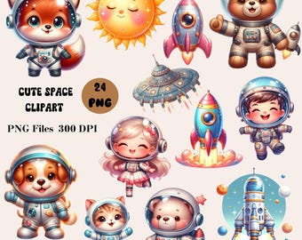 24 Cute Space Clipart Bundle, Astronaut Nursery Clipart, Cute Astronauts PNG, Astronaut Teddy Bear Clipart