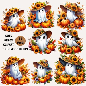 22 Cute Ghost Clipart, Autumn Ghost PNG Bundle, Halloween Ghost Clipart, Autumn Sublimation Design