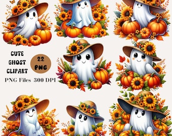 22 Cute Ghost Clipart, Autumn Ghost PNG Bundle, Halloween Ghost Clipart, Autumn Sublimation Design