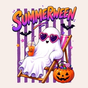 May include: A white ghost wearing pink heart-shaped sunglasses sits in a wooden beach chair, holding an orange drink with a pumpkin face. The text SUMMERWEEN appears above, with purple stripes, bats, stars, and a pumpkin candy bucket below.