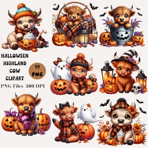 以下が含まれることがあります： ハロウィーンをテーマにしたハイランド牛のクリップアート画像のコレクション。各画像には、カボチャ、帽子、スカーフ、その他のお祝いの装飾が施された漫画の牛が描かれています。「Halloween Highland Cow Clipart」というテキストが表示されています。