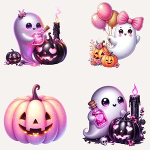 25 Pink Halloween Ghost Clipart, Spooky Kawaii Ghost Clipart, Pink Halloween Clipart Bundle, Spooky Halloween Clipart