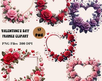 17 Valentine&#39;s Day Frames Clipart, Heart Floral Frame Clipart, Heart-Shaped Floral Frame PNG, Valentine&#39;s Day Clipart
