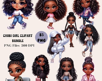 85 Chibi Girl Clipart Bundle, Afro American Chibi Girl PNG, Chibi Doll Clipart, Cute Afro Girl Clipart, Black Girl PNG
