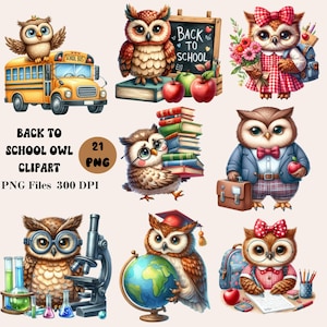21 Back to School Owl Clipart, Cute School Owl Clipart, Educational Owl Illustrations, Owl Clipart Bundle