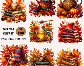 14 imágenes prediseñadas de té de otoño, imágenes prediseñadas de café de otoño, imágenes prediseñadas de otoño acogedor, imágenes prediseñadas de fiesta de té de otoño, diseños de té de otoño