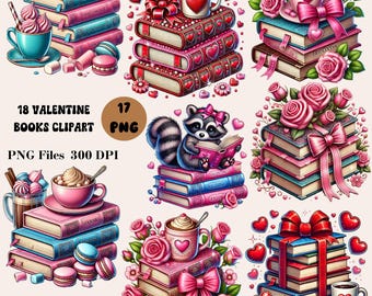 17 libros de San Valentín, imágenes prediseñadas de libros románticos, imágenes PNG para amantes de los libros, imágenes PNG del Día de San Valentín, imágenes PNG de libros de San Valentín
