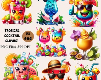 May include: A set of 23 digital clipart images featuring tropical cocktails with cute cartoon faces. The cocktails are decorated with fruit, flowers, and other tropical elements. The images are in PNG format and are 300 DPI.